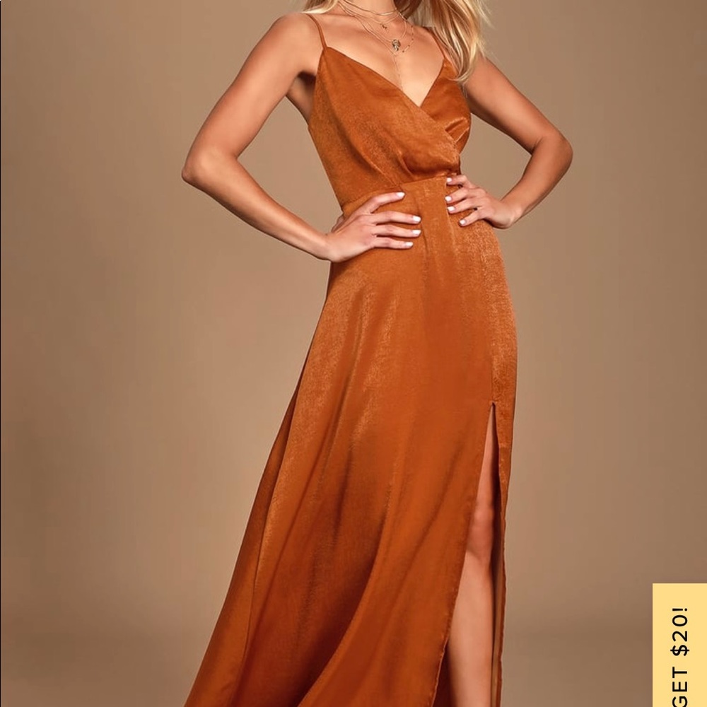 Lulus Constantine Rust Orange Satin Maxi Dress